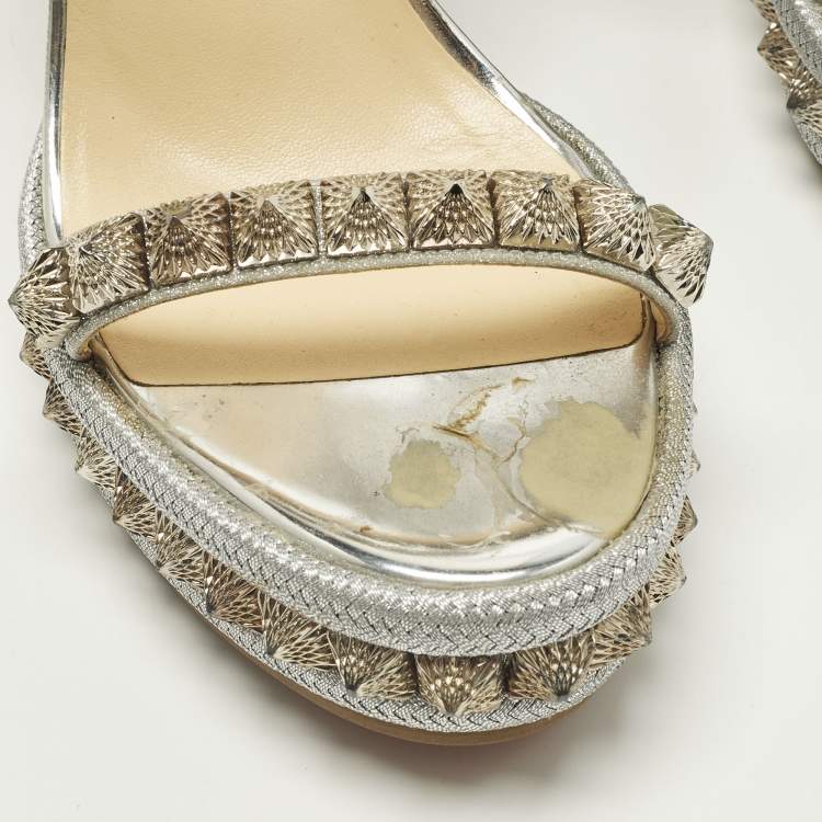 Pre Owned Christian Louboutin Pyraclou Size 38 Silver Glitter and Leather Wedge Sandals