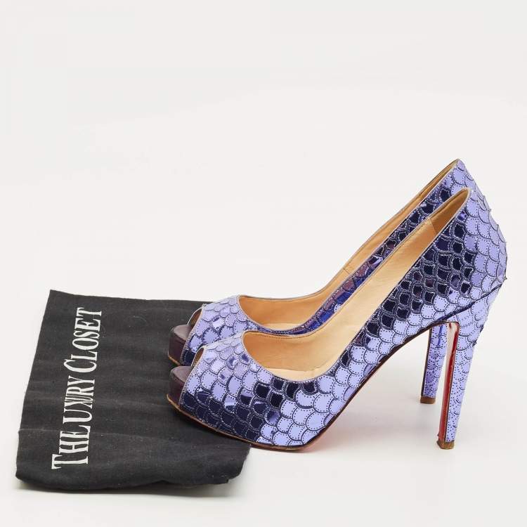 Pre Owned Christian Louboutin Poseidon Size 36.5 Purple  Scaled Leather Peep Toe Pumps