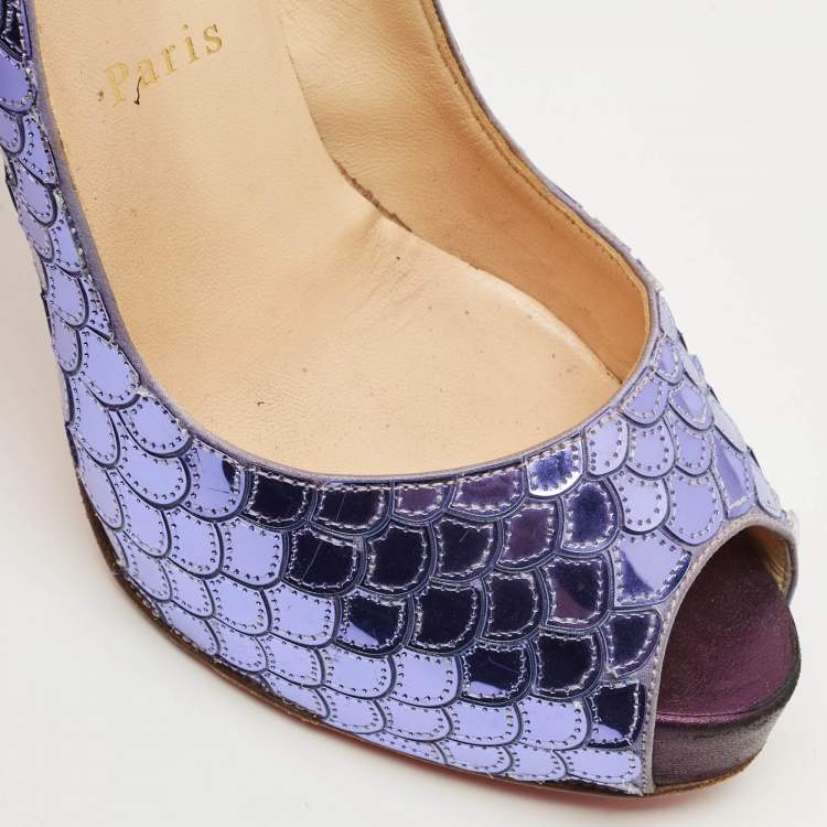 Pre Owned Christian Louboutin Poseidon Size 36.5 Purple  Scaled Leather Peep Toe Pumps