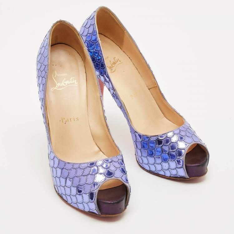 Pre Owned Christian Louboutin Poseidon Size 36.5 Purple  Scaled Leather Peep Toe Pumps