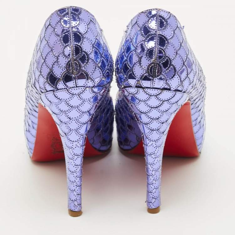 Pre Owned Christian Louboutin Poseidon Size 36.5 Purple  Scaled Leather Peep Toe Pumps