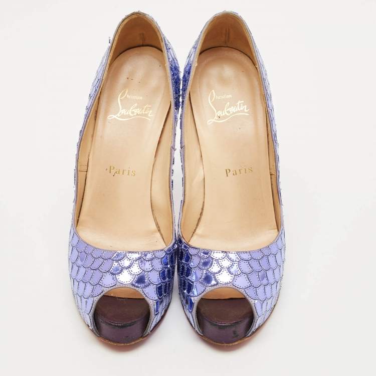 Pre Owned Christian Louboutin Poseidon Size 36.5 Purple  Scaled Leather Peep Toe Pumps