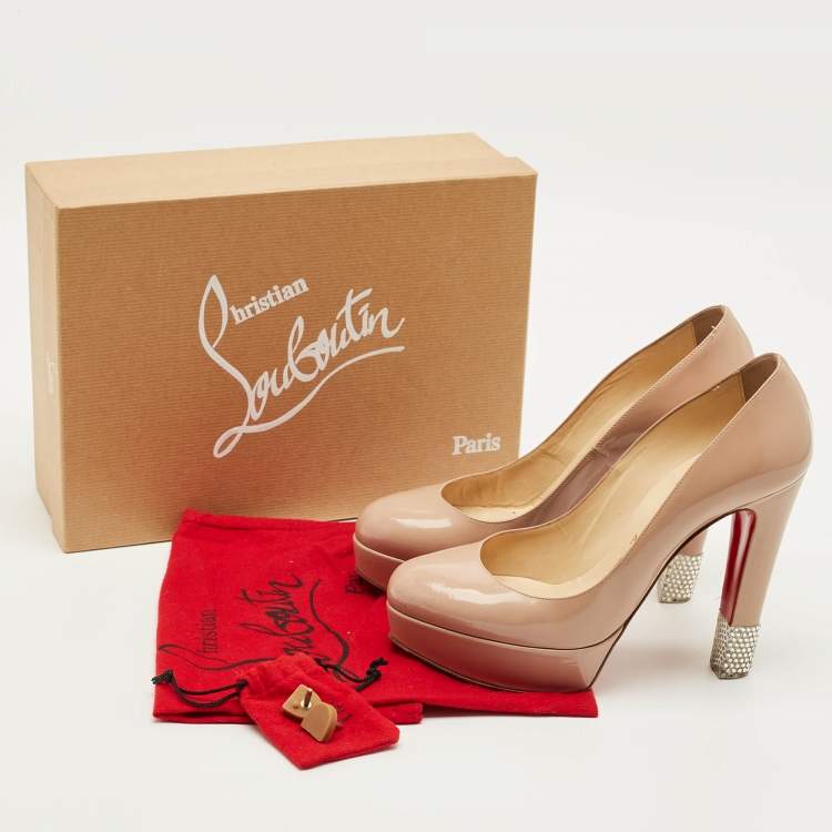 Pre Owned Christian Louboutin Filter Size 38.5 Beige Patent Leather Platform Pumps