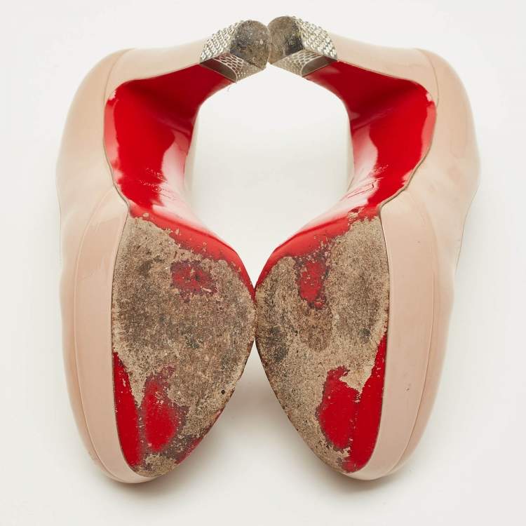 Pre Owned Christian Louboutin Filter Size 38.5 Beige Patent Leather Platform Pumps