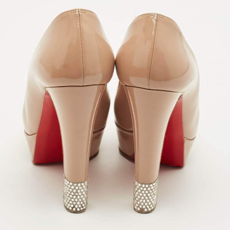 Pre Owned Christian Louboutin Filter Size 38.5 Beige Patent Leather Platform Pumps