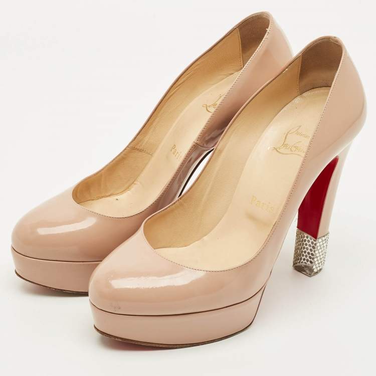 Pre Owned Christian Louboutin Filter Size 38.5 Beige Patent Leather Platform Pumps