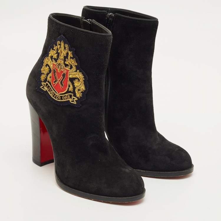 Pre Owned Christian Louboutin Crest Embroidered Size 37 Black Suede Ankle Length Boots