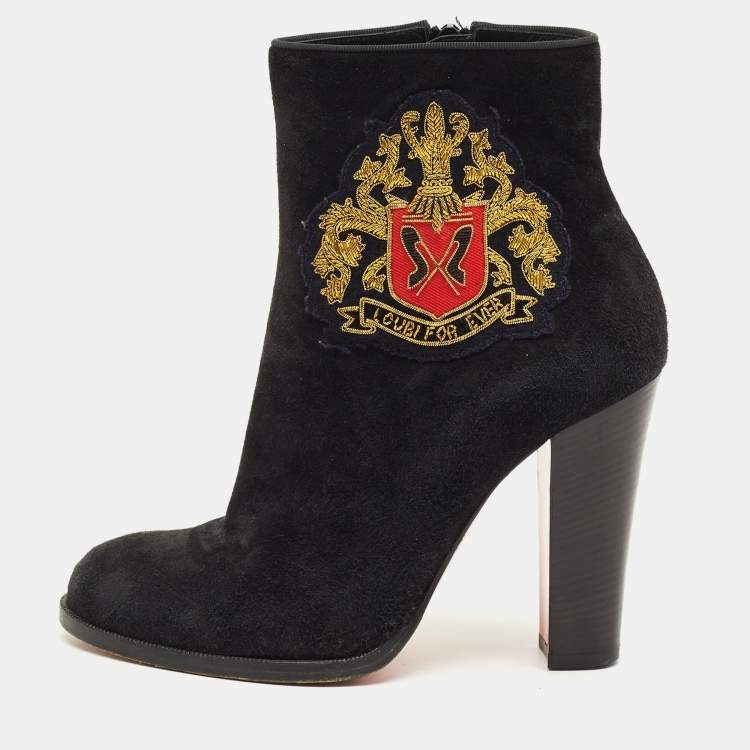 Pre Owned Christian Louboutin Crest Embroidered Size 37 Black Suede Ankle Length Boots