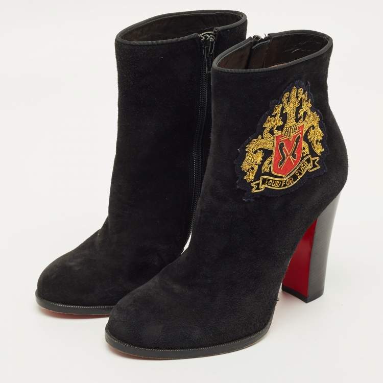 Pre Owned Christian Louboutin Crest Embroidered Size 37 Black Suede Ankle Length Boots
