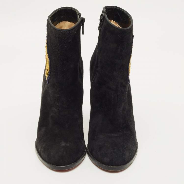 Pre Owned Christian Louboutin Crest Embroidered Size 37 Black Suede Ankle Length Boots