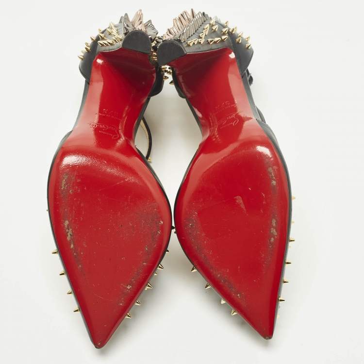 Pre Owned Christian Louboutin Goldostrap Size 37.5 Black Leather Spike Pumps