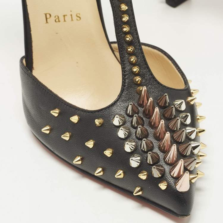 Pre Owned Christian Louboutin Goldostrap Size 37.5 Black Leather Spike Pumps