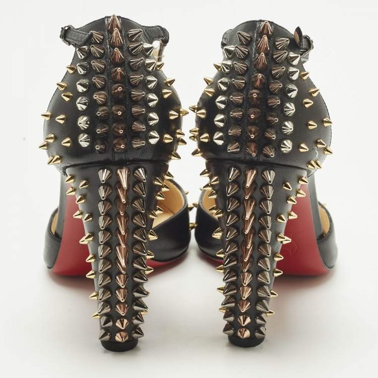 Pre Owned Christian Louboutin Goldostrap Size 37.5 Black Leather Spike Pumps