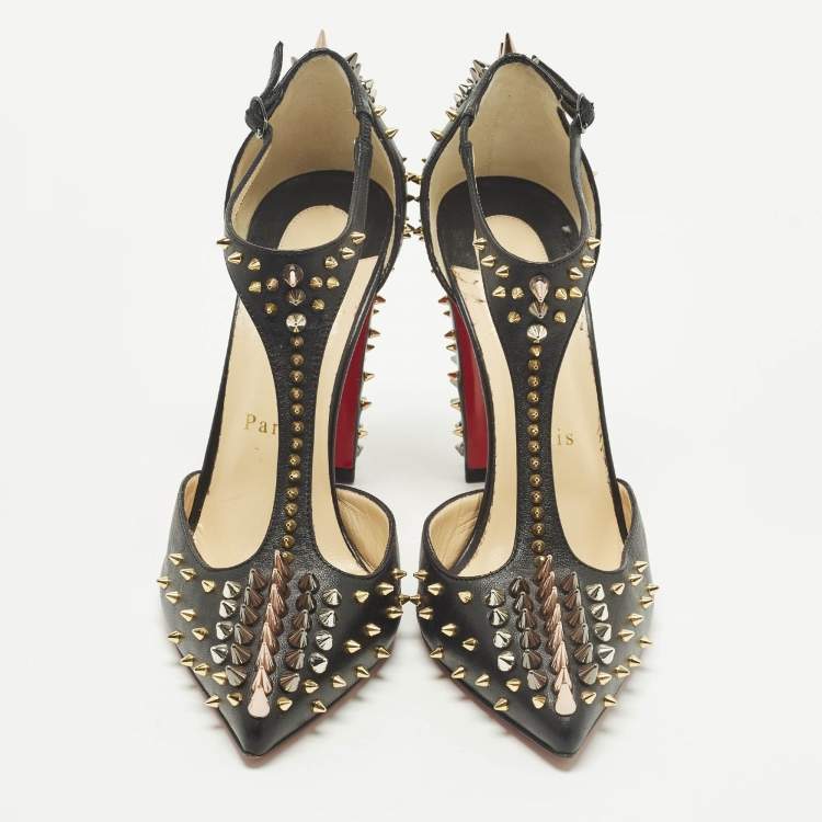 Pre Owned Christian Louboutin Goldostrap Size 37.5 Black Leather Spike Pumps