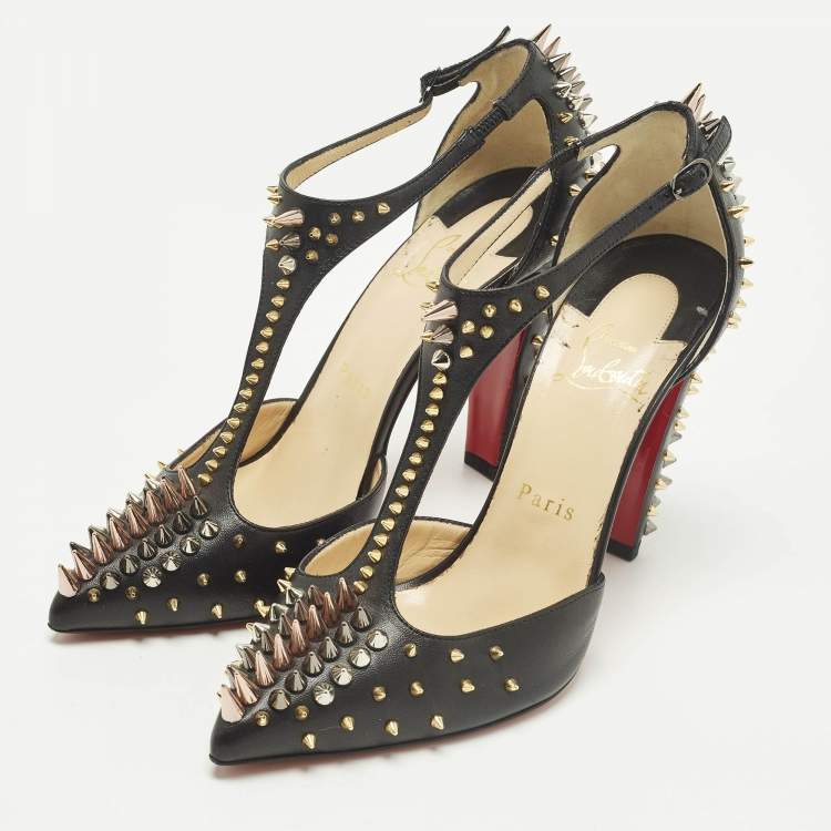 Pre Owned Christian Louboutin Goldostrap Size 37.5 Black Leather Spike Pumps