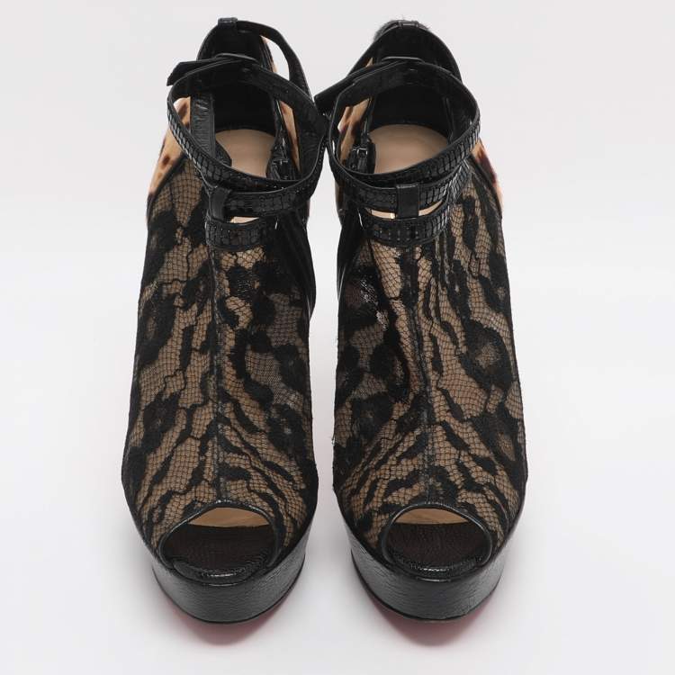 Pre Owned Christian Louboutin Bridget Size 38.5 Black/Brown Lace and Leopard Print Calf Hair Booties