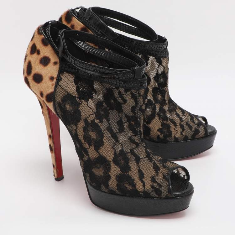 Pre Owned Christian Louboutin Bridget Size 38.5 Black/Brown Lace and Leopard Print Calf Hair Booties