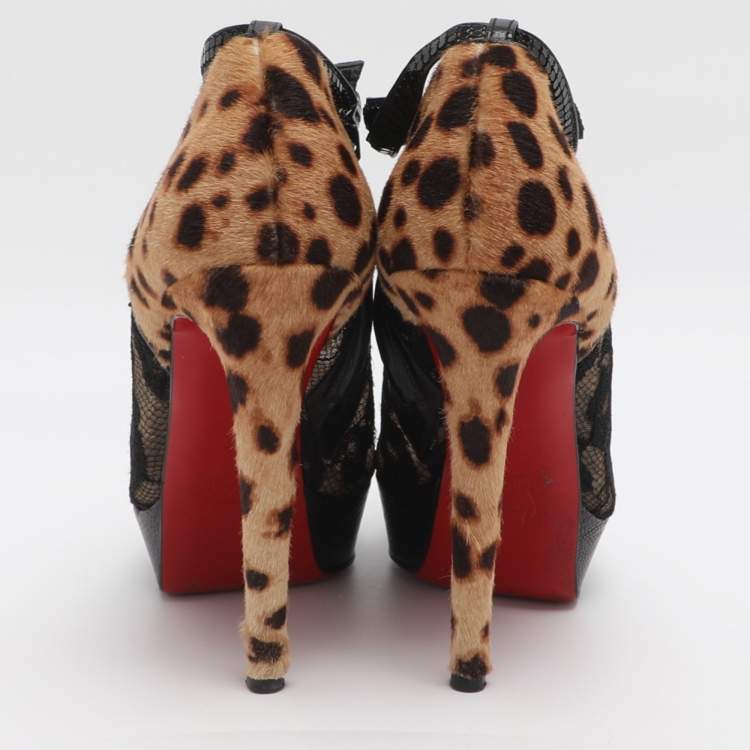 Pre Owned Christian Louboutin Bridget Size 38.5 Black/Brown Lace and Leopard Print Calf Hair Booties