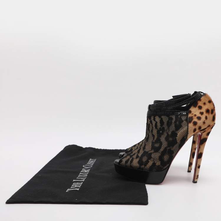Pre Owned Christian Louboutin Bridget Size 38.5 Black/Brown Lace and Leopard Print Calf Hair Booties