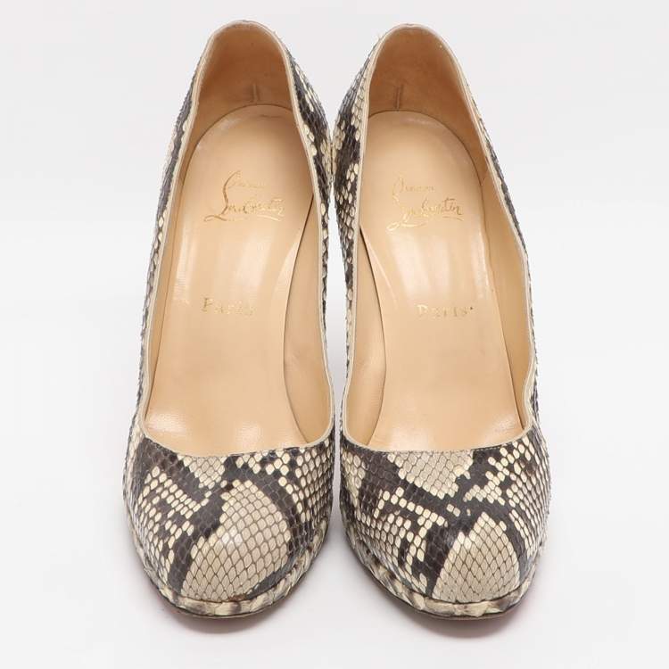 Pre Owned Christian Louboutin Simple Size 38.5 Brown/Beige Python Pumps