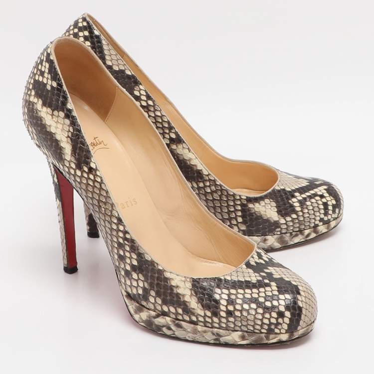 Pre Owned Christian Louboutin Simple Size 38.5 Brown/Beige Python Pumps