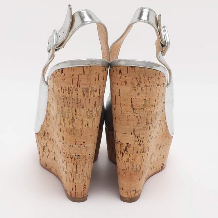 Pre Owned Christian Louboutin Une Plume Size 40.5 Silver Leather Cork Wedge Slingback Sandals