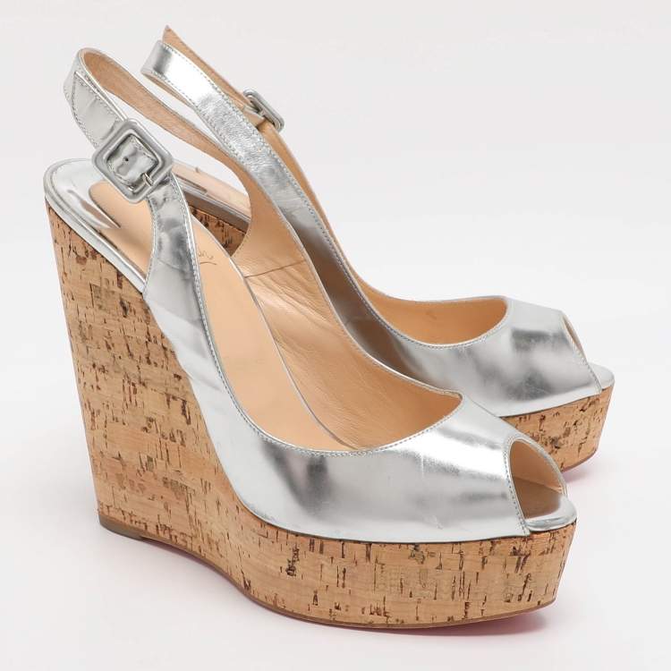 Pre Owned Christian Louboutin Une Plume Size 40.5 Silver Leather Cork Wedge Slingback Sandals