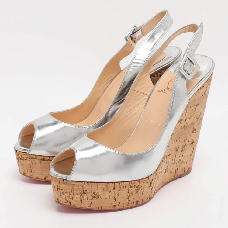 Pre Owned Christian Louboutin Une Plume Size 40.5 Silver Leather Cork Wedge Slingback Sandals