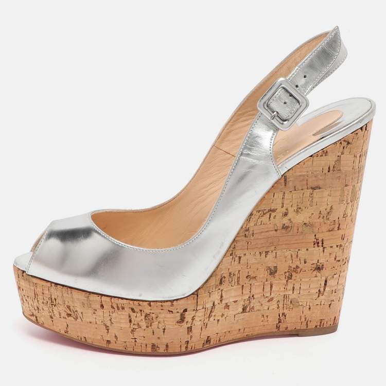 Pre Owned Christian Louboutin Une Plume Size 40.5 Silver Leather Cork Wedge Slingback Sandals