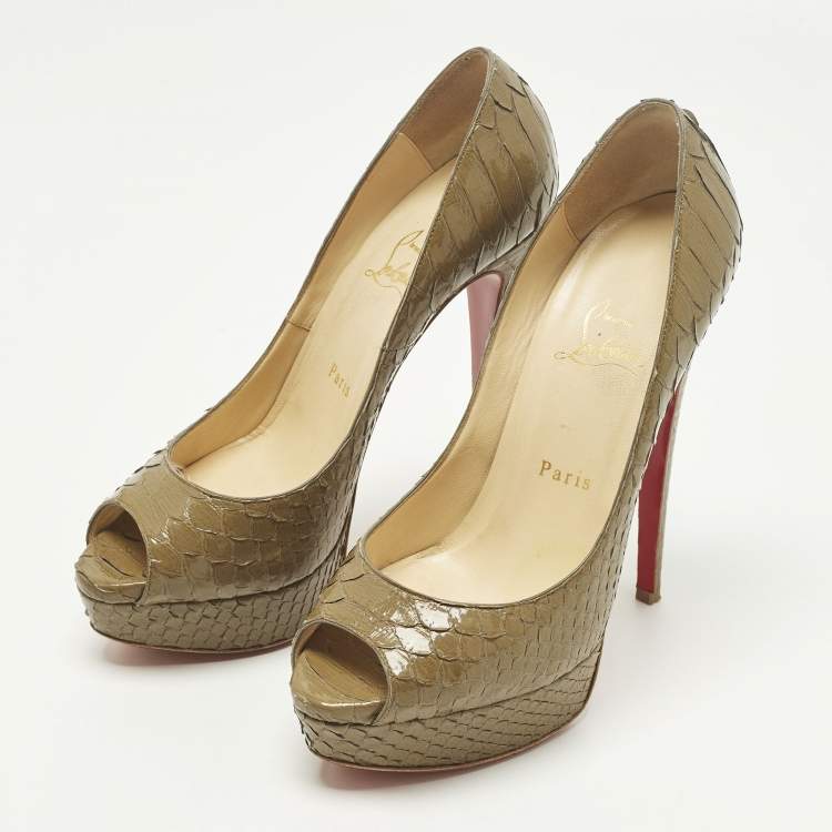 Pre Owned Christian Louboutin Lady Peep Size 38.5 Green Python Leather Peep Toe Pumps