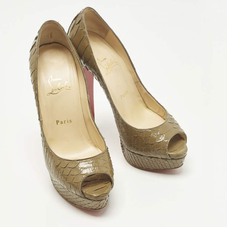 Pre Owned Christian Louboutin Lady Peep Size 38.5 Green Python Leather Peep Toe Pumps