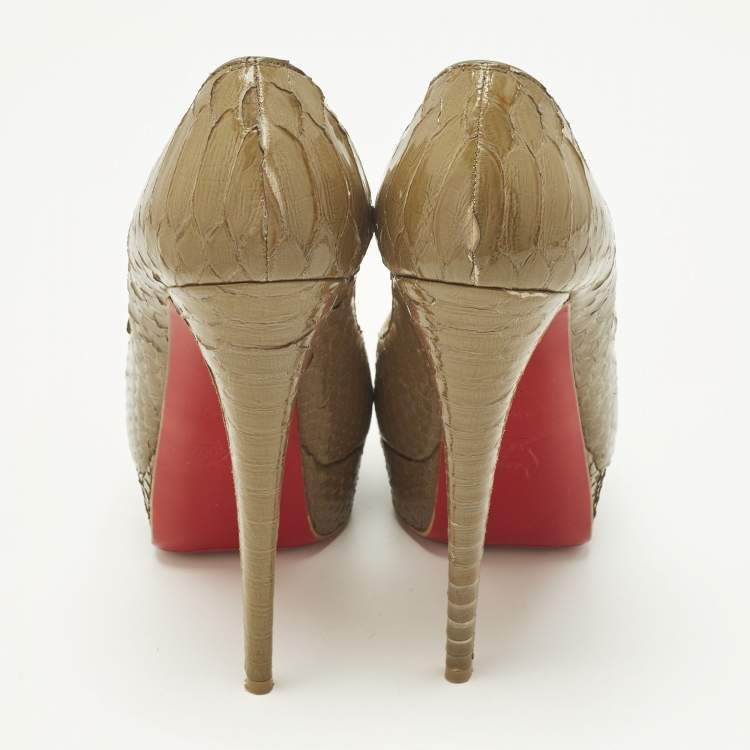 Pre Owned Christian Louboutin Lady Peep Size 38.5 Green Python Leather Peep Toe Pumps