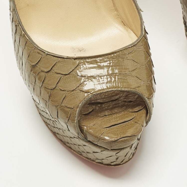 Pre Owned Christian Louboutin Lady Peep Size 38.5 Green Python Leather Peep Toe Pumps
