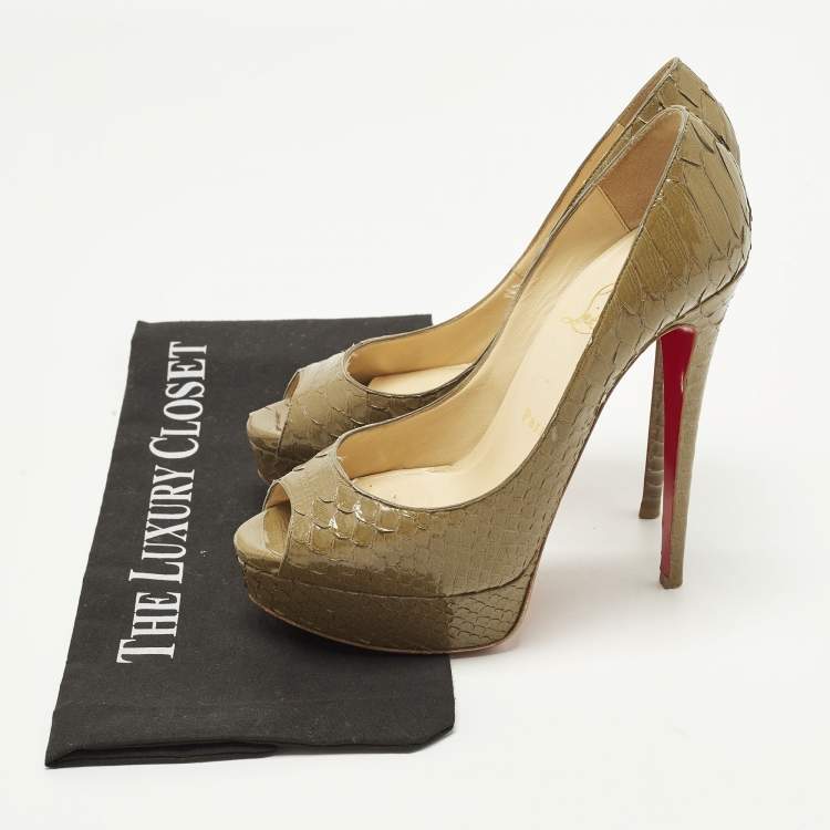 Pre Owned Christian Louboutin Lady Peep Size 38.5 Green Python Leather Peep Toe Pumps