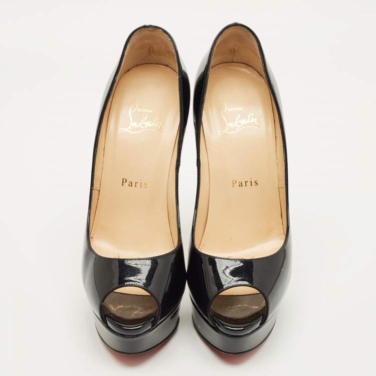 Pre Owned Christian Louboutin Lady Peep Size 37 Black Patent Leather Platform Pumps
