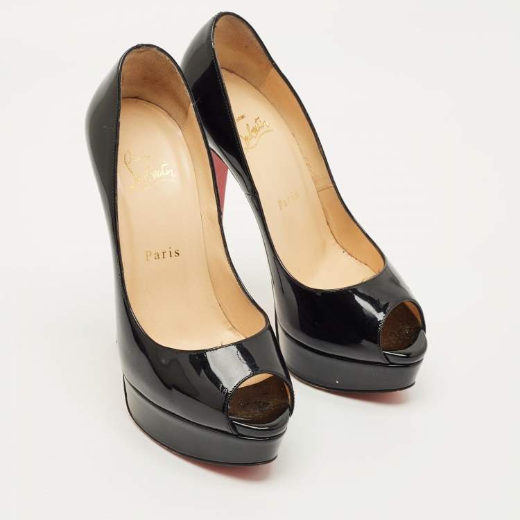 Pre Owned Christian Louboutin Lady Peep Size 37 Black Patent Leather Platform Pumps