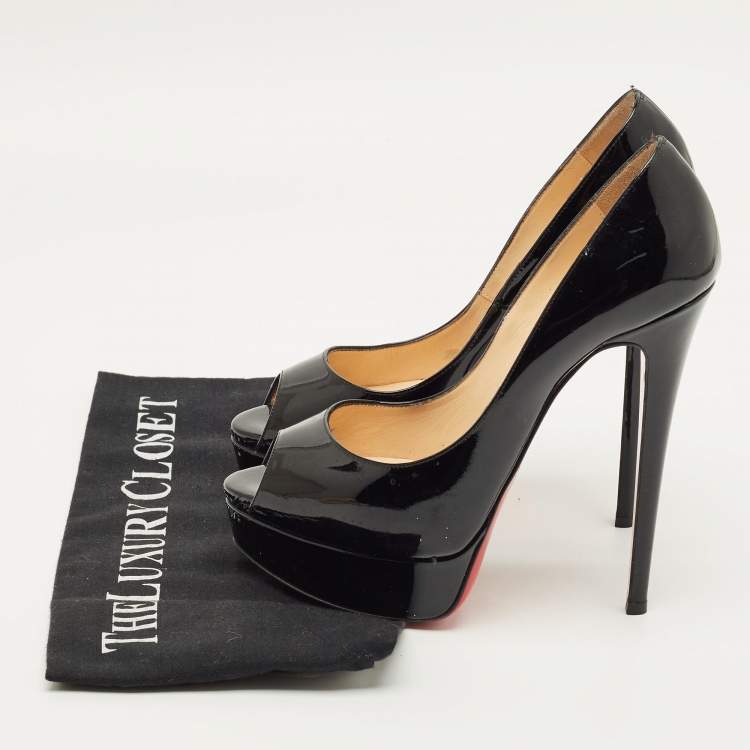 Pre Owned Christian Louboutin Lady Peep Size 37 Black Patent Leather Platform Pumps