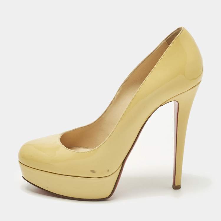 Pre Owned Christian Louboutin Bianca Size 38.5 Yellow Patent Leather Platform Pumps