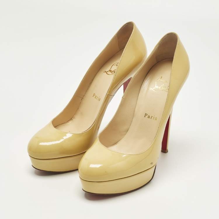 Pre Owned Christian Louboutin Bianca Size 38.5 Yellow Patent Leather Platform Pumps