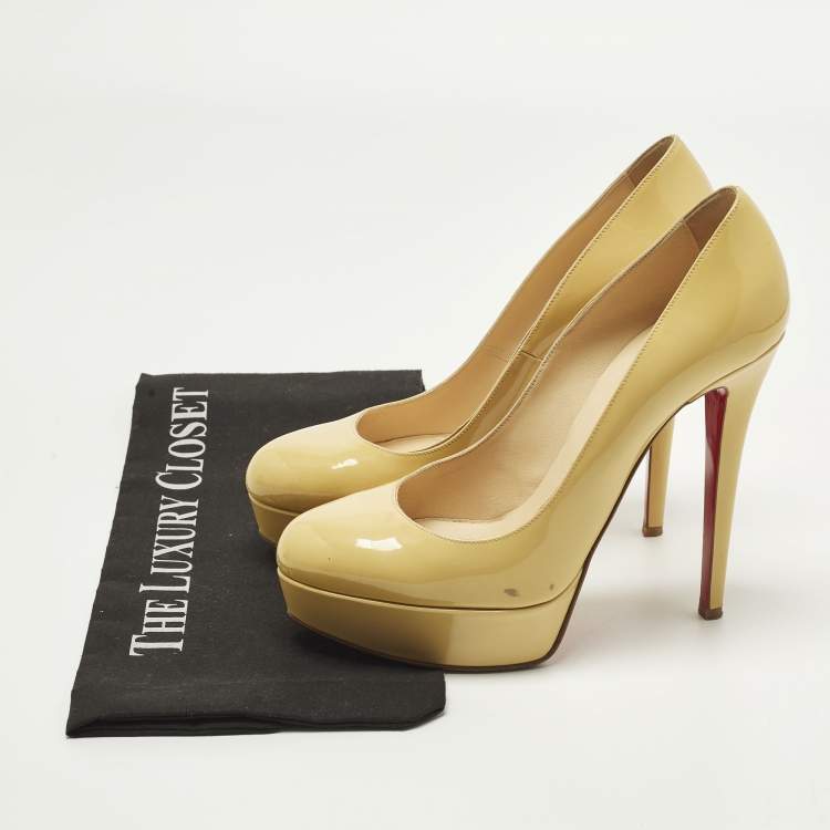 Pre Owned Christian Louboutin Bianca Size 38.5 Yellow Patent Leather Platform Pumps