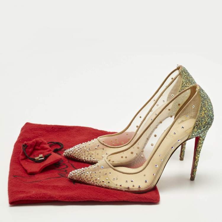 Pre Owned Christian Louboutin Follies Strass Size 38 Multicolor Leather and Mesh Pumps