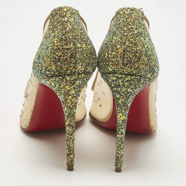 Pre Owned Christian Louboutin Follies Strass Size 38 Multicolor Leather and Mesh Pumps