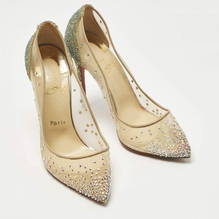 Pre Owned Christian Louboutin Follies Strass Size 38 Multicolor Leather and Mesh Pumps