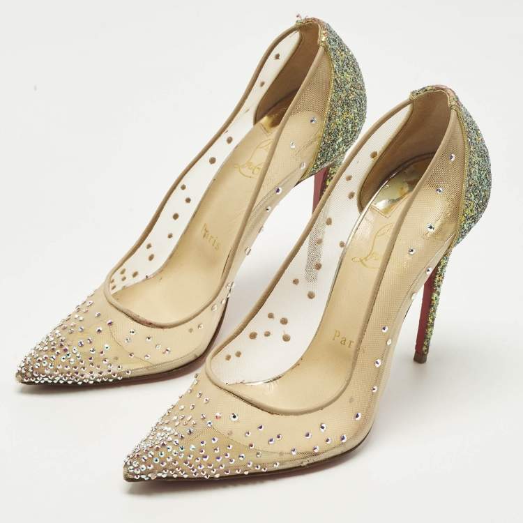 Pre Owned Christian Louboutin Follies Strass Size 38 Multicolor Leather and Mesh Pumps