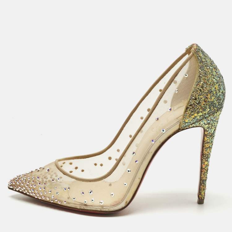 Pre Owned Christian Louboutin Follies Strass Size 38 Multicolor Leather and Mesh Pumps