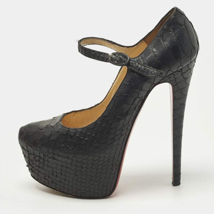 Pre Owned Christian Louboutin Lady Daf Size 37 Black Python Leather Mary Jane Pumps