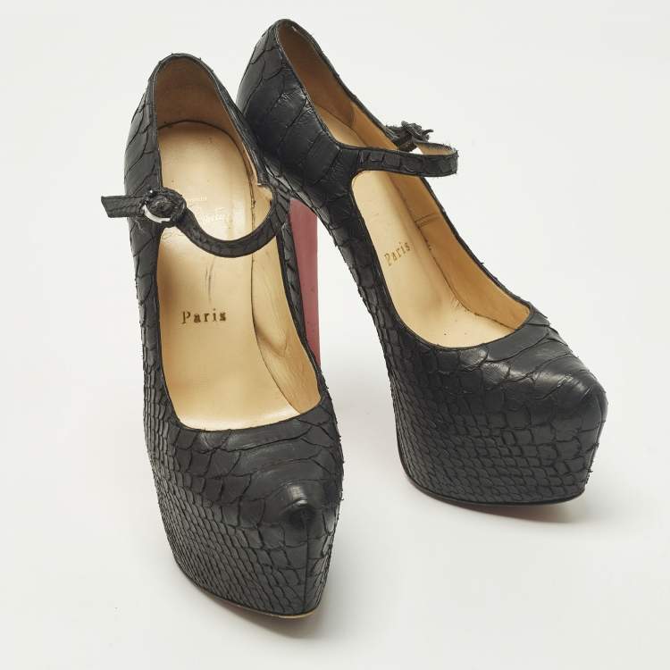 Pre Owned Christian Louboutin Lady Daf Size 37 Black Python Leather Mary Jane Pumps