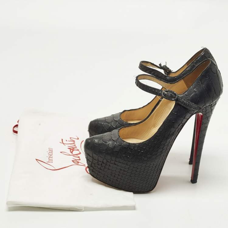 Pre Owned Christian Louboutin Lady Daf Size 37 Black Python Leather Mary Jane Pumps