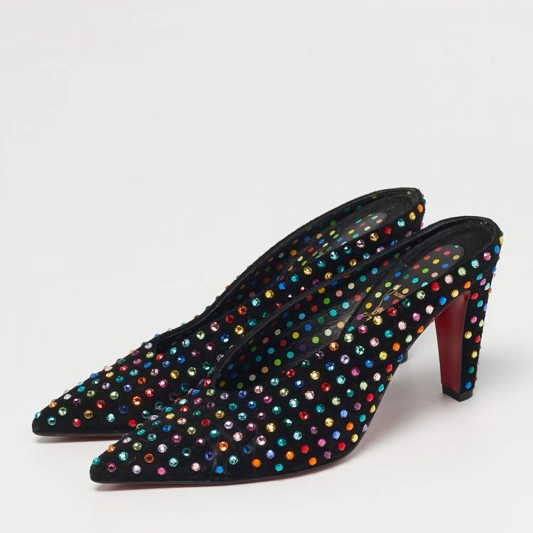 Pre Owned Christian Louboutin Veryvee Strass Boum Size 38.5 Black Suede Multicolor Crystal Embellished Mules