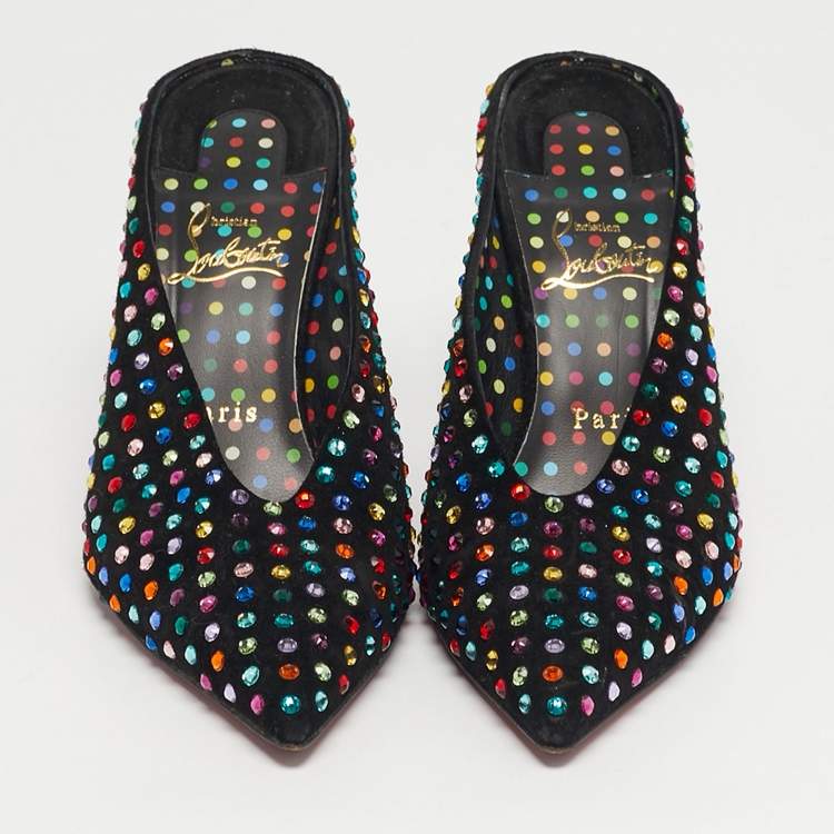 Pre Owned Christian Louboutin Veryvee Strass Boum Size 38.5 Black Suede Multicolor Crystal Embellished Mules